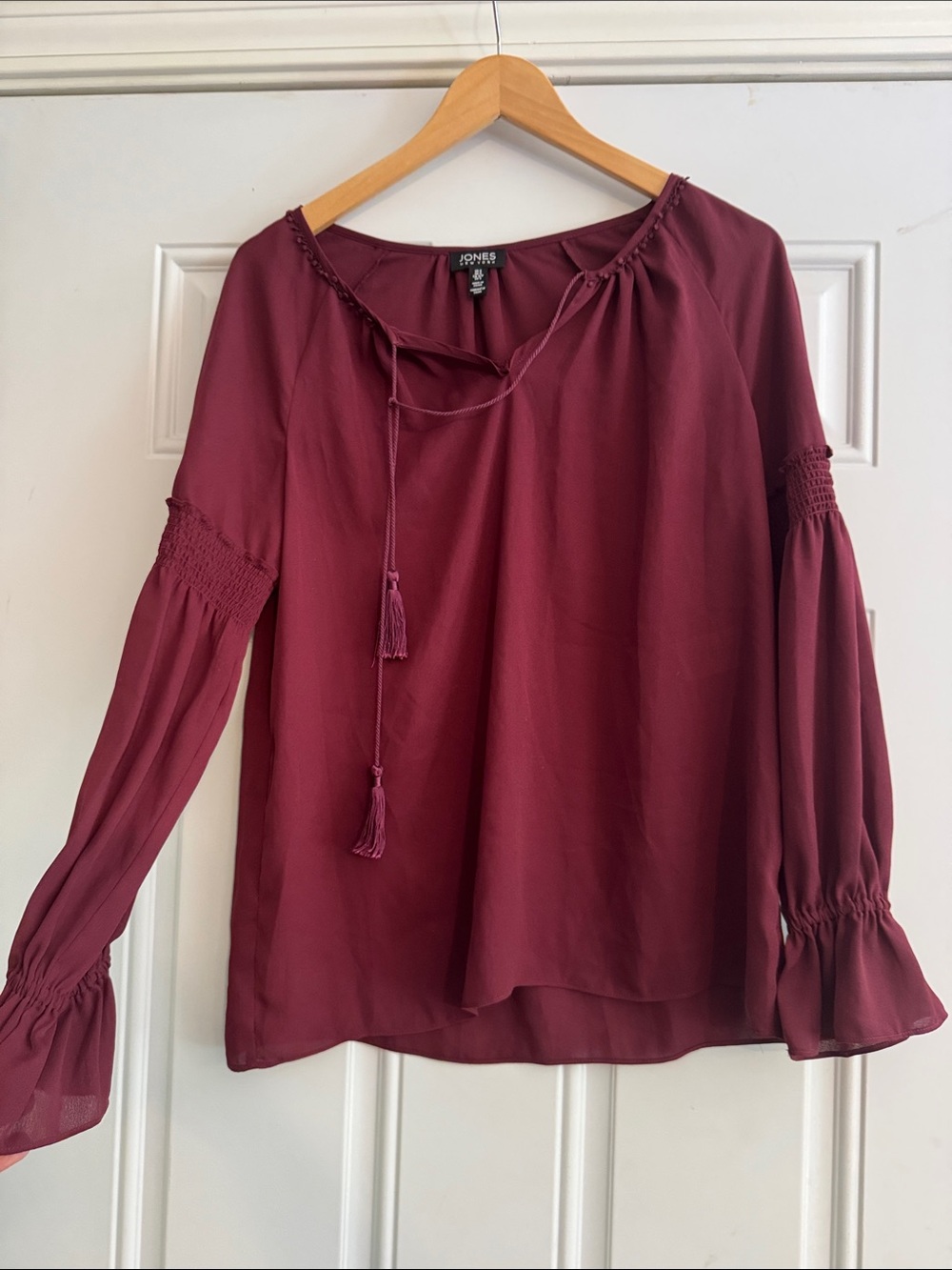 Jones New York Wine Tassel Peasant Blouse